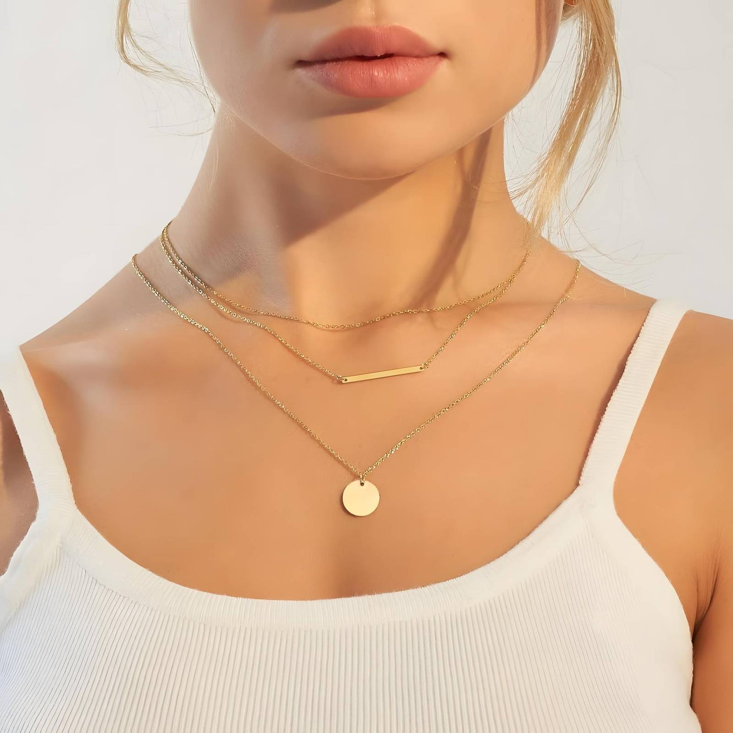 Mehrreihige Ketten Triple Layer | Gehämmerter Anhänger | Boho-Chic